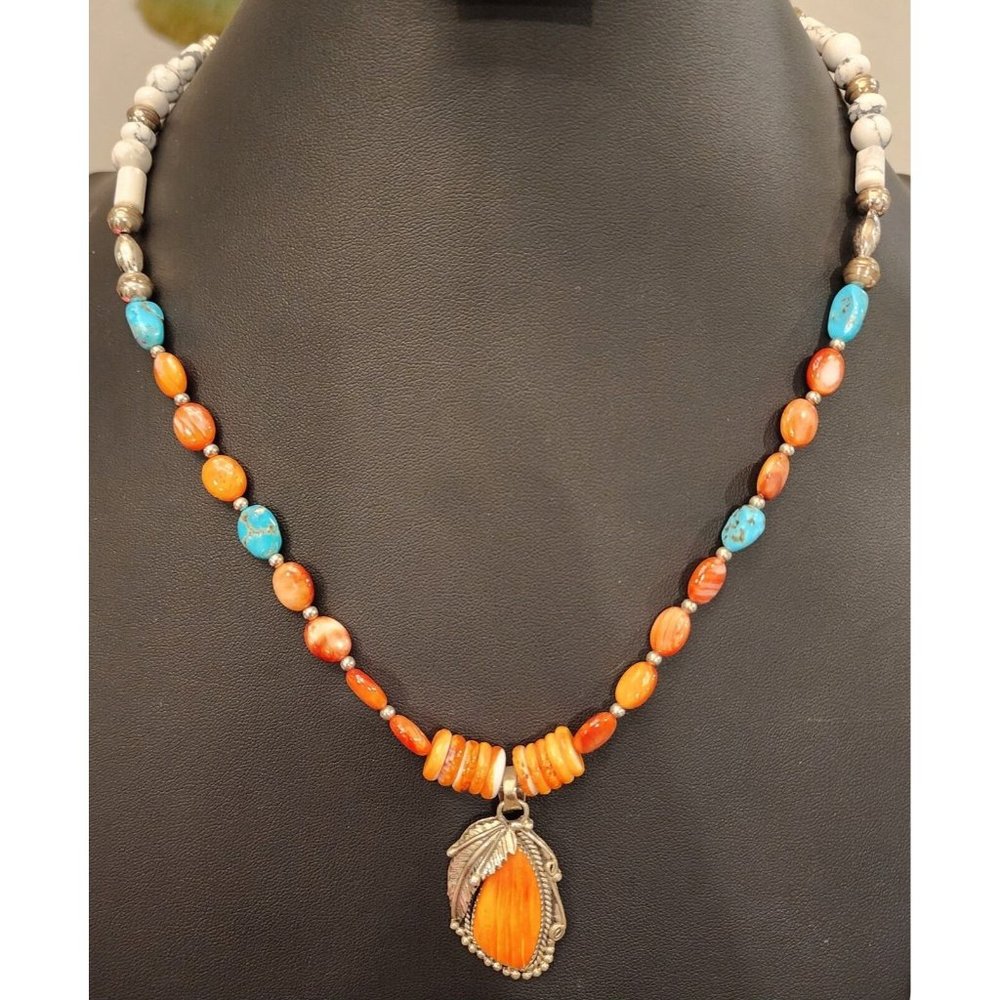 Southwest Orange Spiny Oyster Turquoise Sterling Silver Necklace Artist Signed